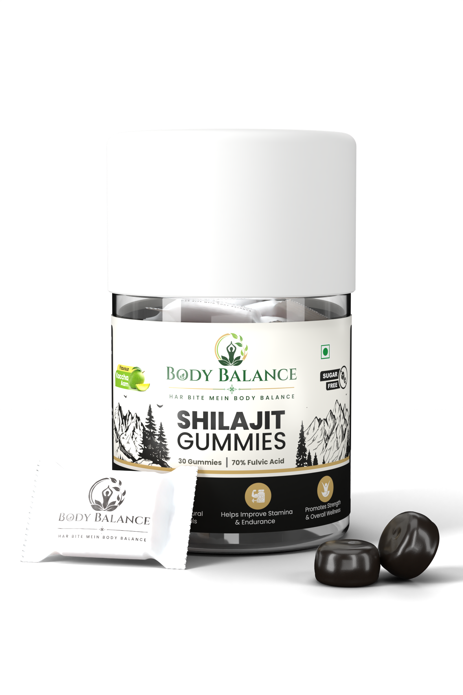 Body Balance Shilajit Gummies jar render with a wrapped gummy and two unwrapped gummies